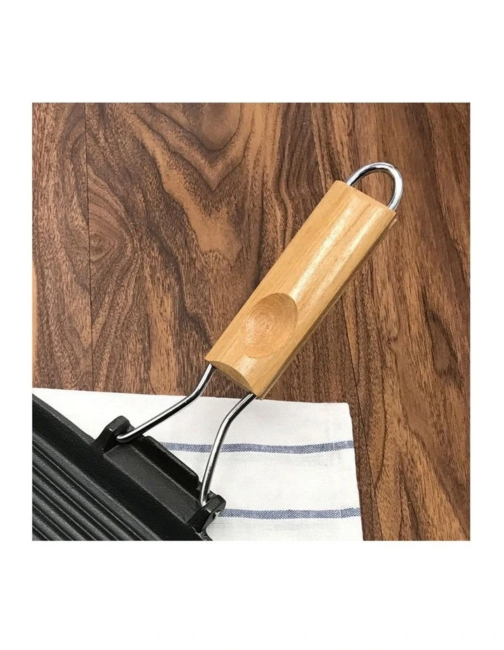 SOGA 2X 20.5cm Cast Iron Rectangular Griddle Pan with Folding Wooden Handle image 6