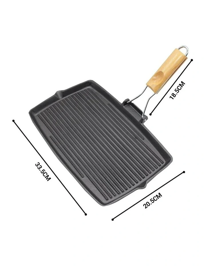 SOGA 2X 20.5cm Cast Iron Rectangular Griddle Pan with Folding Wooden Handle image 7