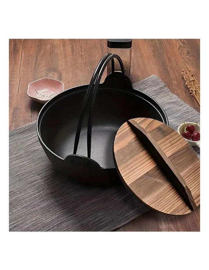 SOGA Kitchenware Bundle Cast Iron Sukiyaki Hot Pot and Frying Pan with Wooden Handle image 2