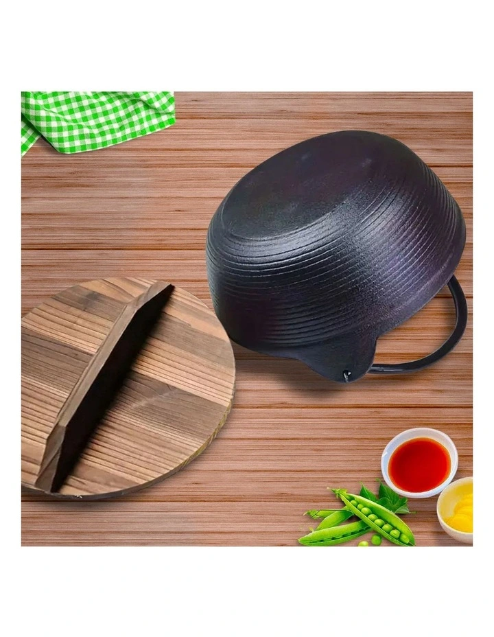 SOGA Kitchenware Bundle Cast Iron Sukiyaki Hot Pot and Frying Pan with Wooden Handle image 3