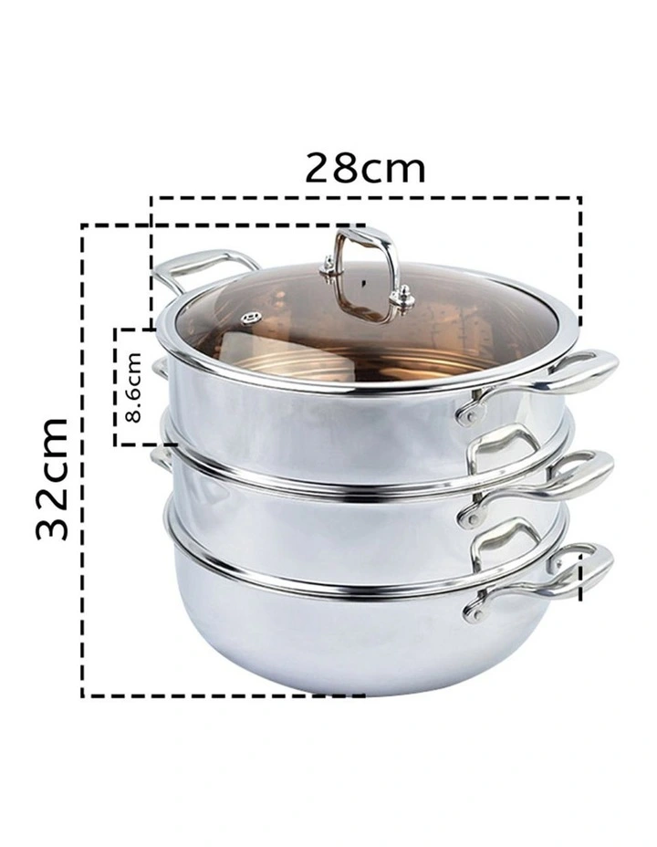 SOGA 2X 3 Tier 28cm Stainless Steel Food Steamer Pot Set Glass Lid image 2