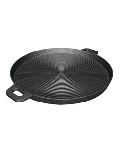 SOGA Round Ribbed Cast Iron Sizzle Platter with Handle 35cm