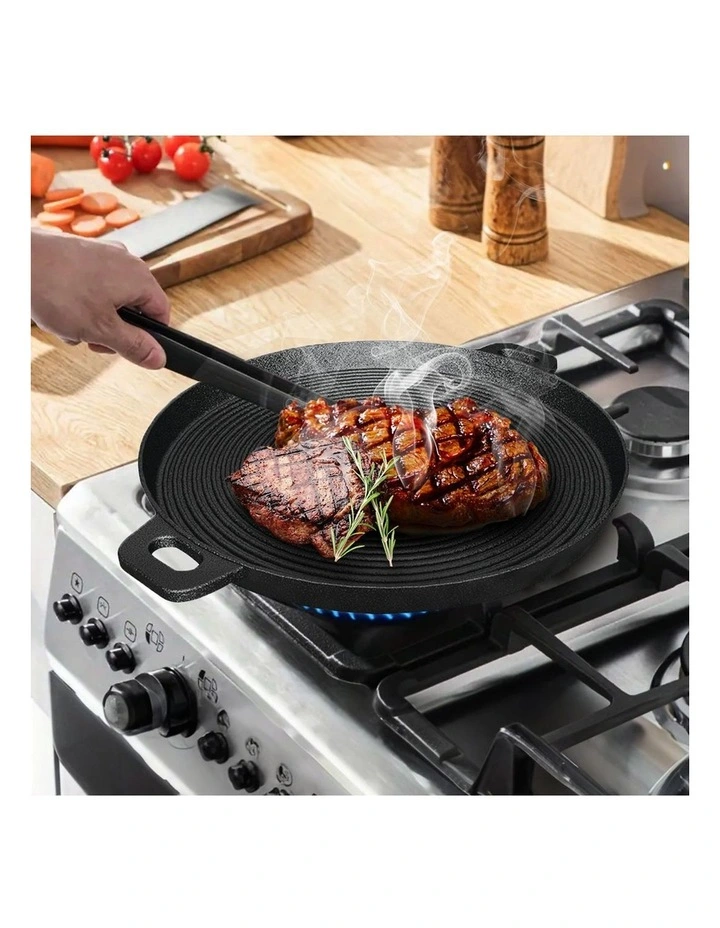 SOGA Round Ribbed Cast Iron Sizzle Platter with Handle 35cm image 3