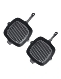 SOGA 2X 26cm Cast Iron Square Ribbed Grill Pan with Handle