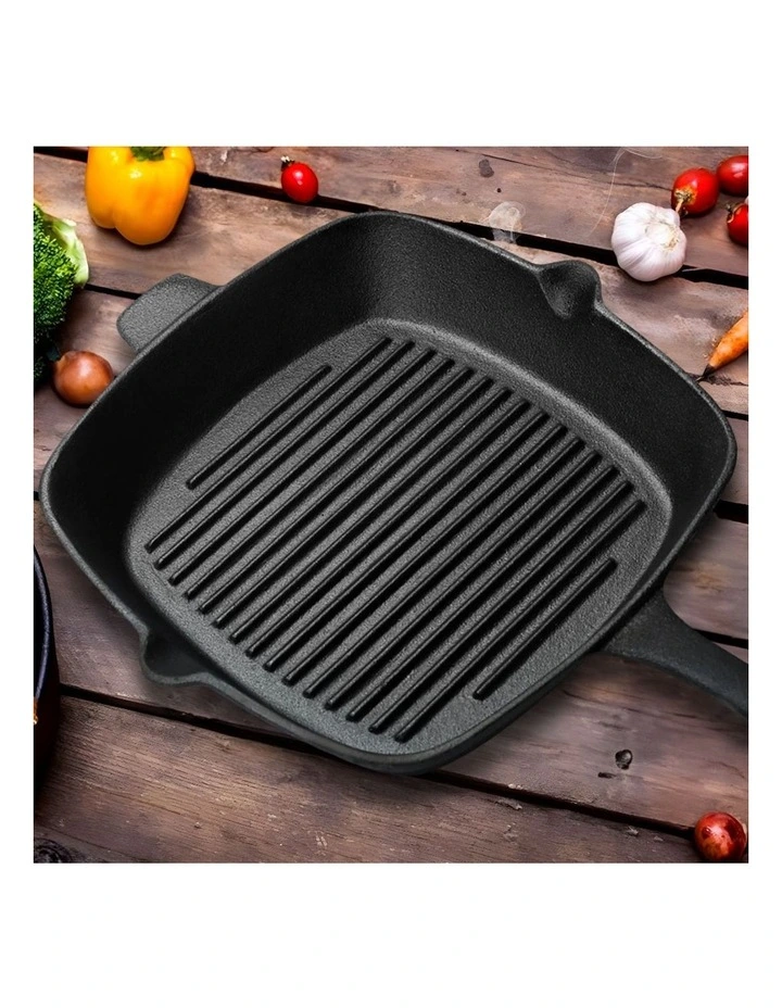 SOGA 2X 26cm Cast Iron Square Ribbed Grill Pan with Handle image 3