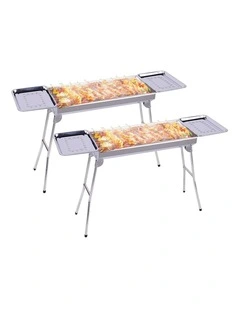 SOGA 2 Pack 105cm Stainless Steel Charcoal Skewer BBQ Grills with Side Trays