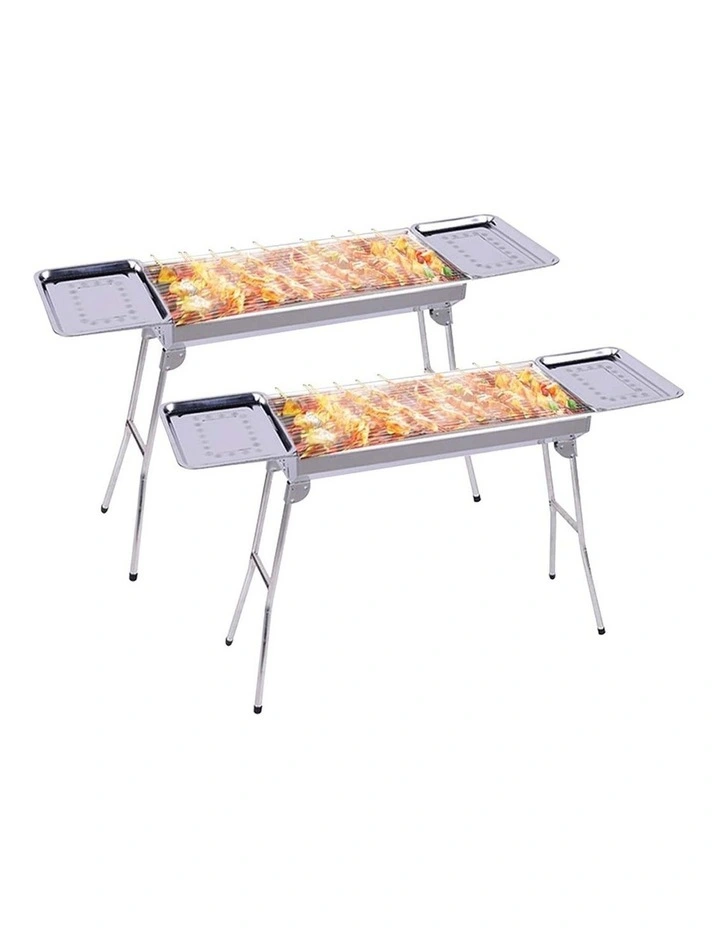 SOGA 2 Pack 105cm Stainless Steel Charcoal Skewer BBQ Grills with Side Trays image 1