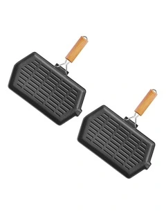 SOGA 2X Cast Iron Rectangular Griddle Pan with Folding Wooden Handle