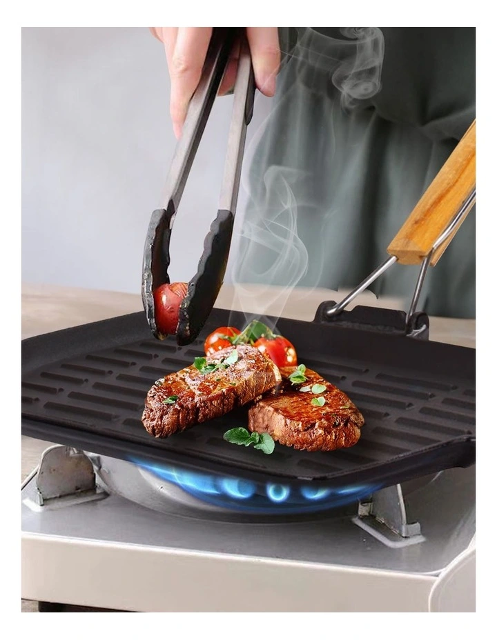 SOGA 2X Cast Iron Rectangular Griddle Pan with Folding Wooden Handle image 6