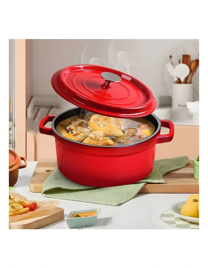 SOGA 2X 24cm 3.6L Enamel Cast Iron Casserole Pot with Lid Red image 3