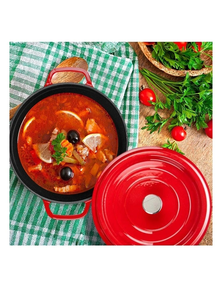 SOGA 2X 24cm 3.6L Enamel Cast Iron Casserole Pot with Lid Red image 5