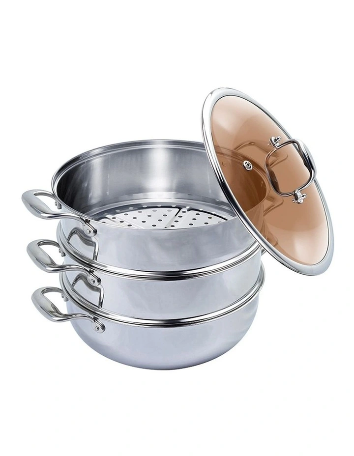 SOGA 3 Tier 26cm Stainless Steel Food Steamer Pot Set Glass Lid image 1