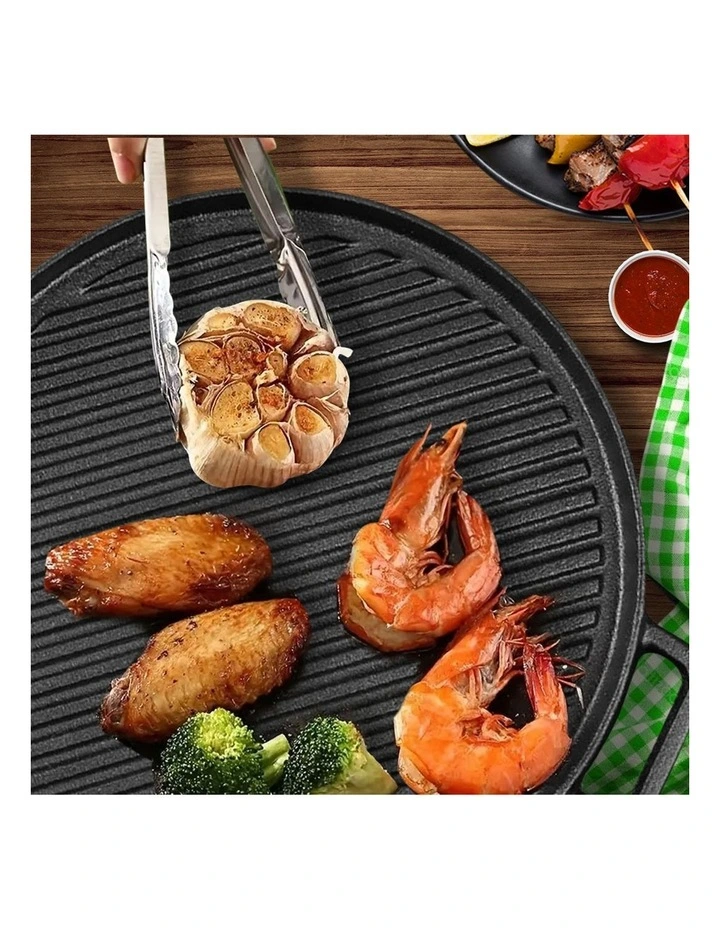 SOGA Round Ribbed Cast Iron BBQ Grill Pan with Handle 30cm image 4