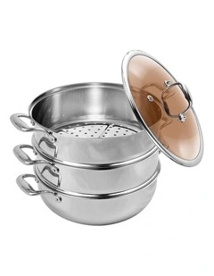 SOGA 3 Tier 30cm Stainless Steel Food Steamer Pot Set Glass Lid