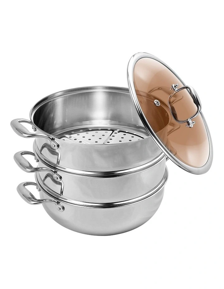 SOGA 3 Tier 30cm Stainless Steel Food Steamer Pot Set Glass Lid image 1
