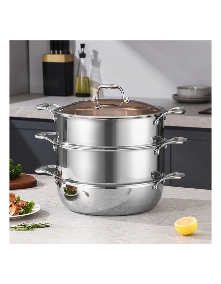 SOGA 3 Tier 30cm Stainless Steel Food Steamer Pot Set Glass Lid image 2