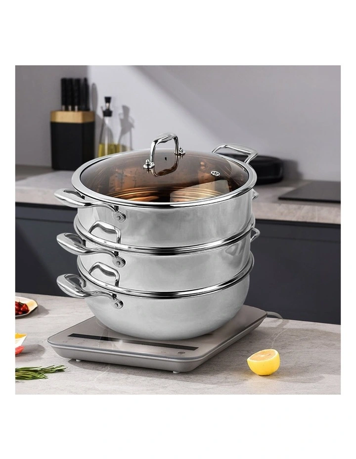 SOGA 3 Tier 30cm Stainless Steel Food Steamer Pot Set Glass Lid image 3