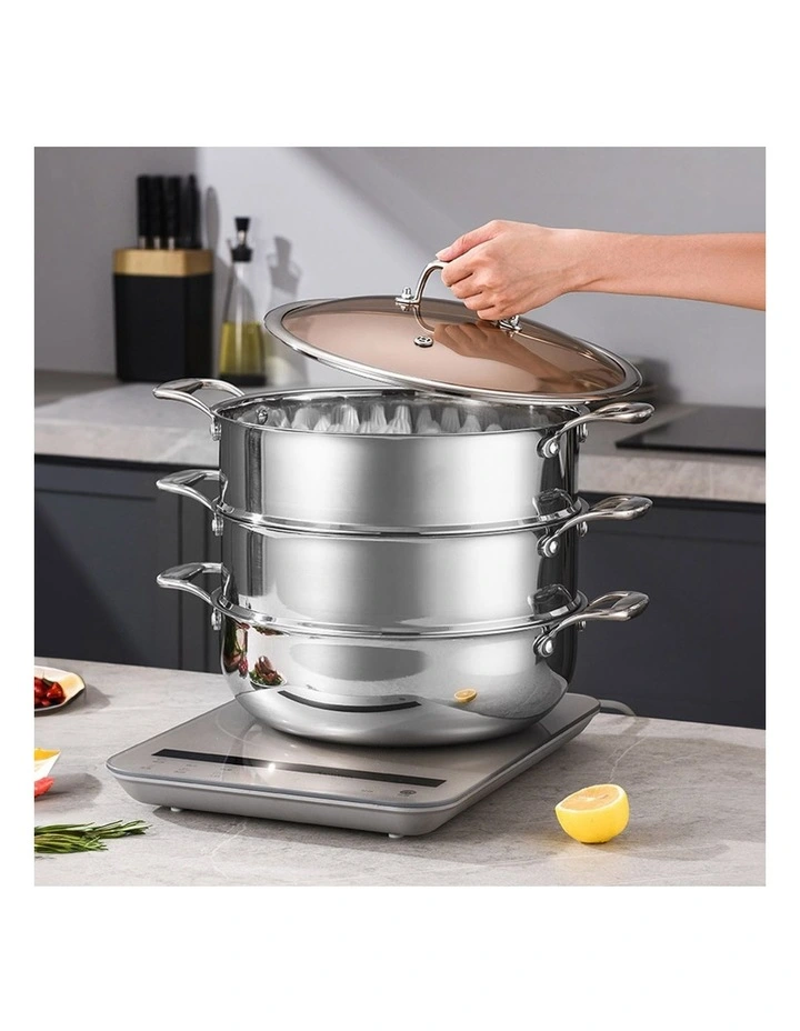 SOGA 3 Tier 30cm Stainless Steel Food Steamer Pot Set Glass Lid image 4
