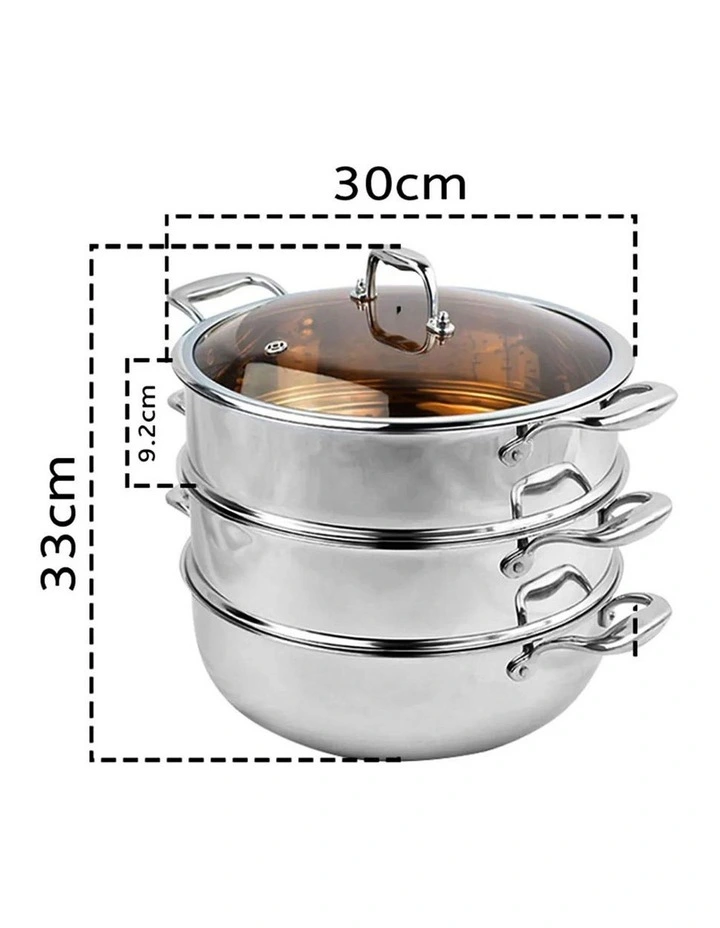 SOGA 3 Tier 30cm Stainless Steel Food Steamer Pot Set Glass Lid image 5