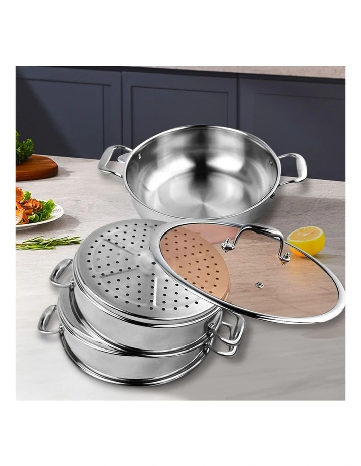 SOGA 3 Tier 30cm Stainless Steel Food Steamer Pot Set Glass Lid image 7