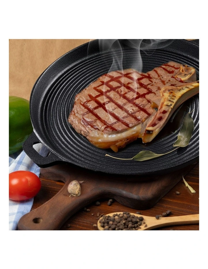 SOGA 2X 35cm Cast Iron Ribbed Frying Pan with Handle image 2