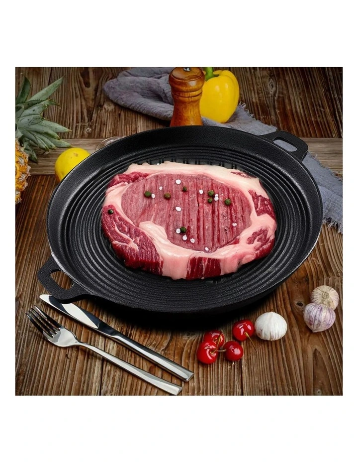 SOGA 2X 35cm Cast Iron Ribbed Frying Pan with Handle image 3