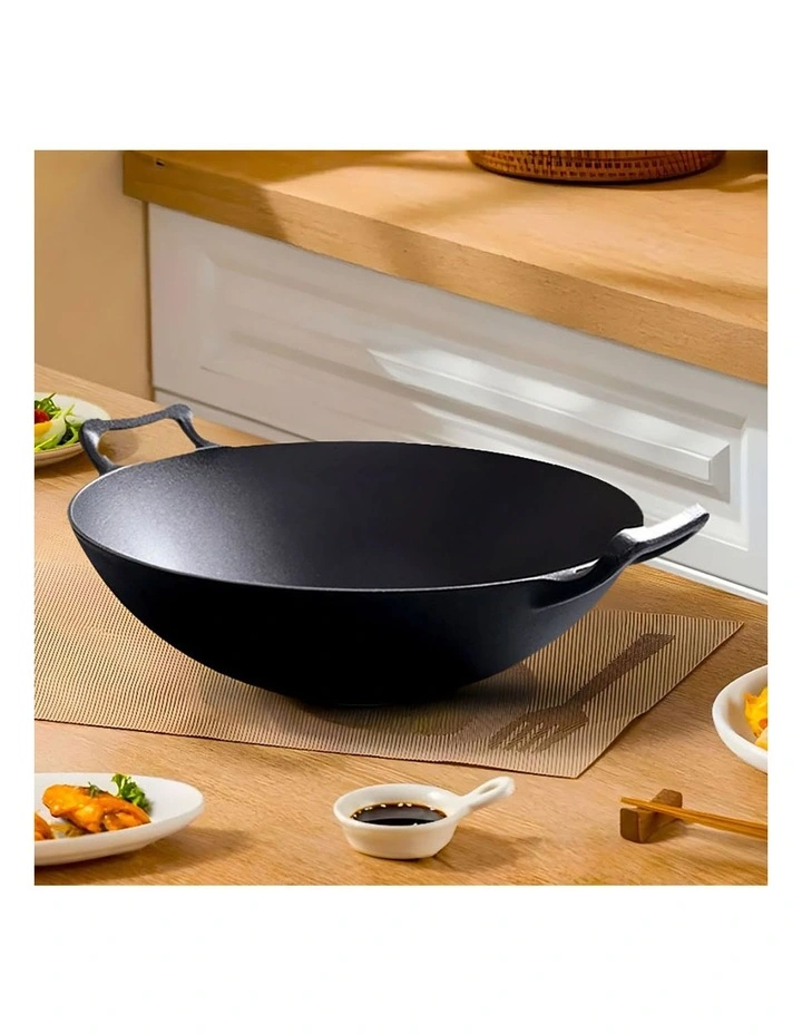SOGA Cast Iron Wok Frying Pan with Double Handles 32cm image 2