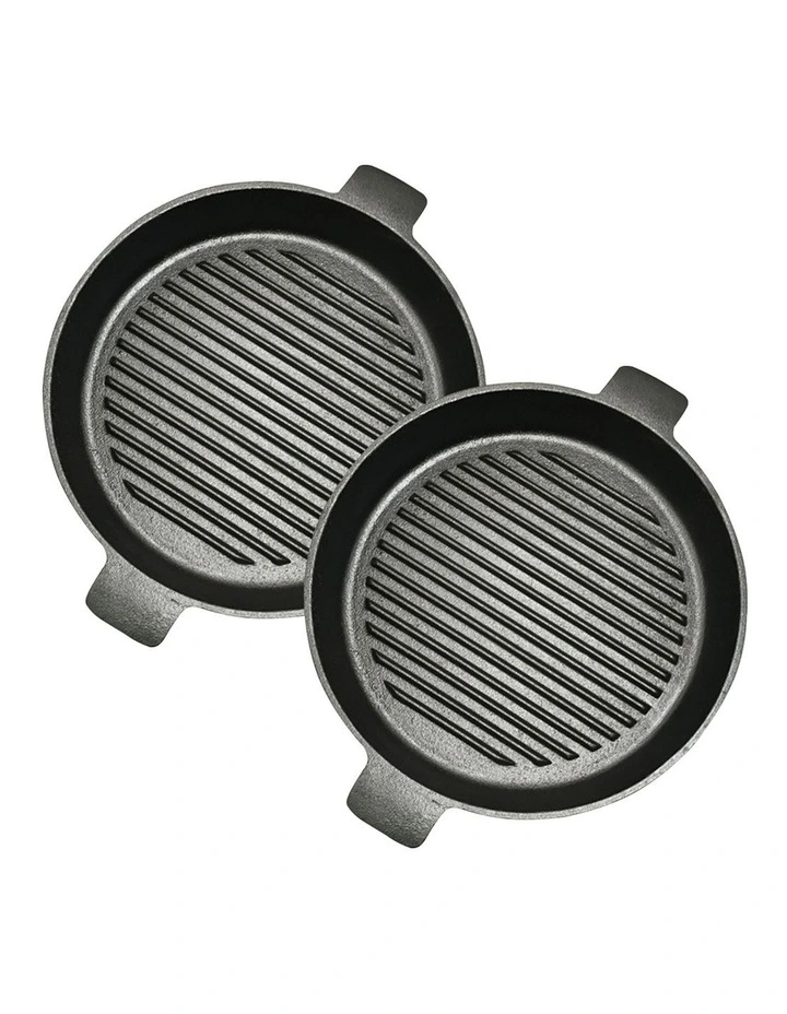 SOGA 2X 25cm Cast Iron Ribbed Frying Pan with Handle image 1