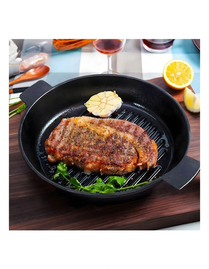 SOGA 2X 25cm Cast Iron Ribbed Frying Pan with Handle image 2