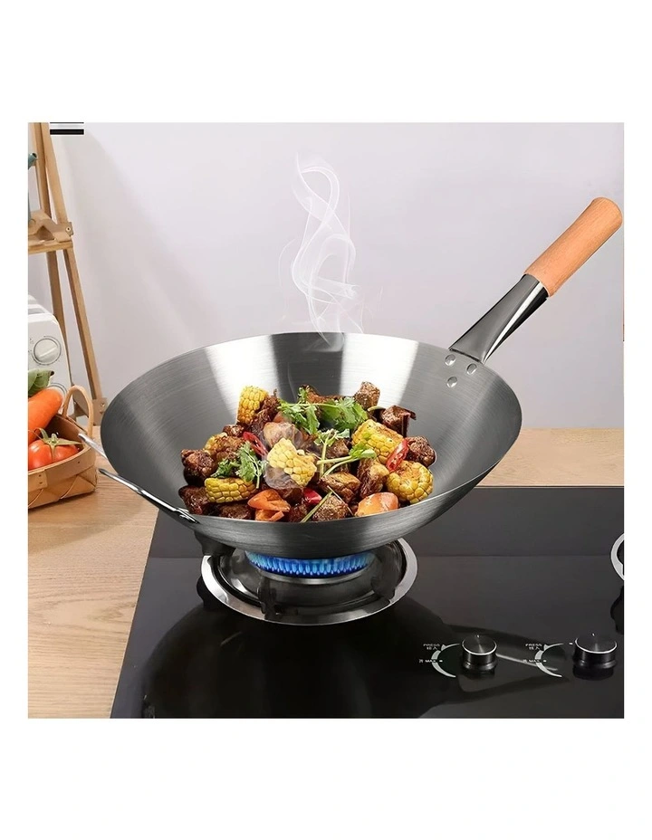 SOGA Stainless Steel Cooking Wok 42cm Wood Handle image 4