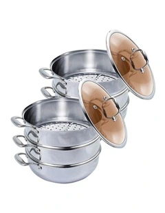 SOGA 2X 3 Tier 26cm Stainless Steel Food Steamer Pot Set with Glass Lid