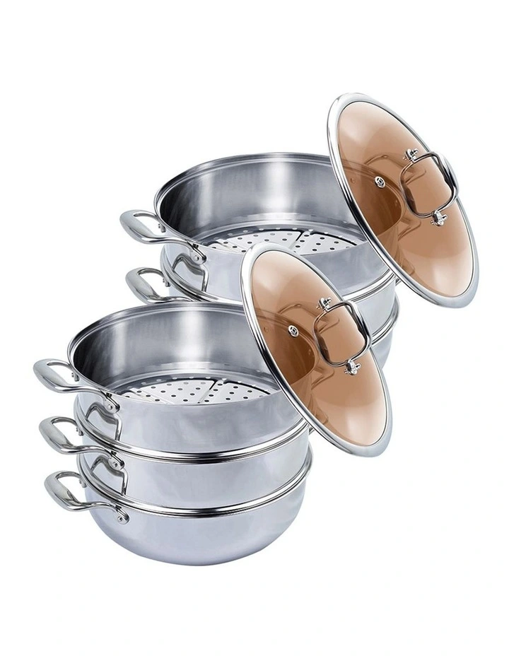 SOGA 2X 3 Tier 26cm Stainless Steel Food Steamer Pot Set with Glass Lid image 1