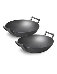 SOGA 2X 32cm Commercial Cast Iron Wok with Double Handles