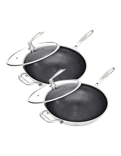 SOGA 2X Stainless Steel Non-Stick Wok with Glass Lid 34cm Helper Handle
