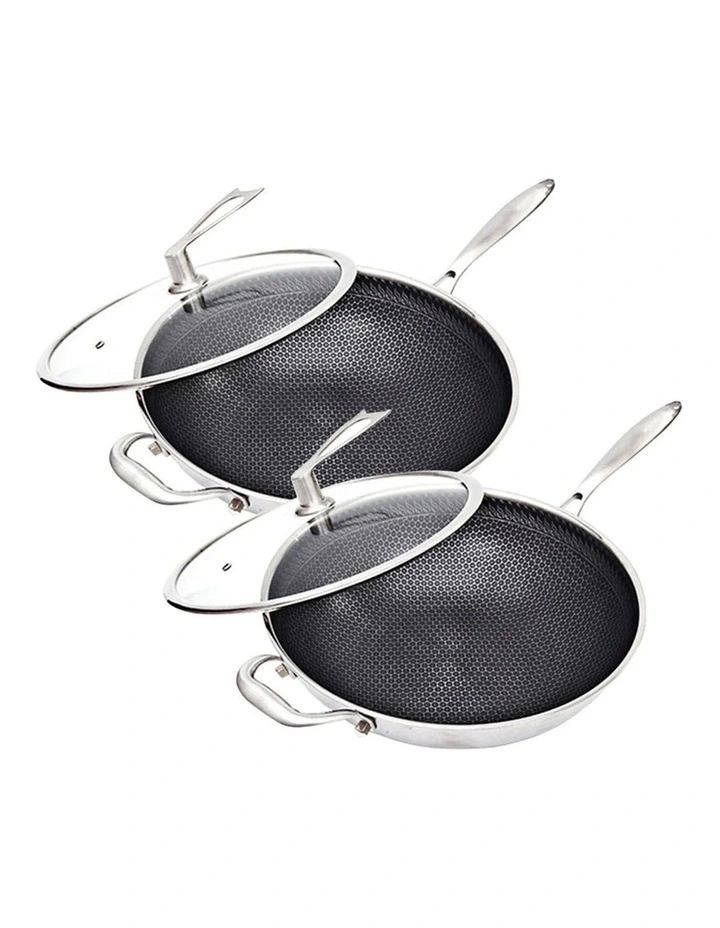 SOGA 2X Stainless Steel Non-Stick Wok with Glass Lid 34cm Helper Handle image 1
