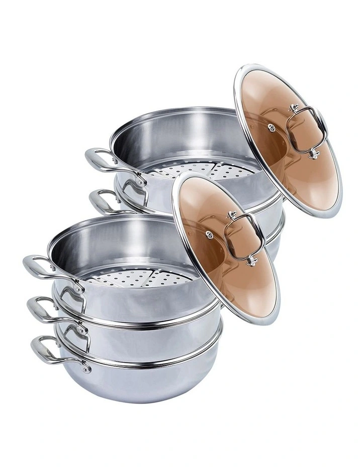 SOGA 2X 3 Tier 30cm Stainless Steel Food Steamer Pot Set Glass Lid image 1