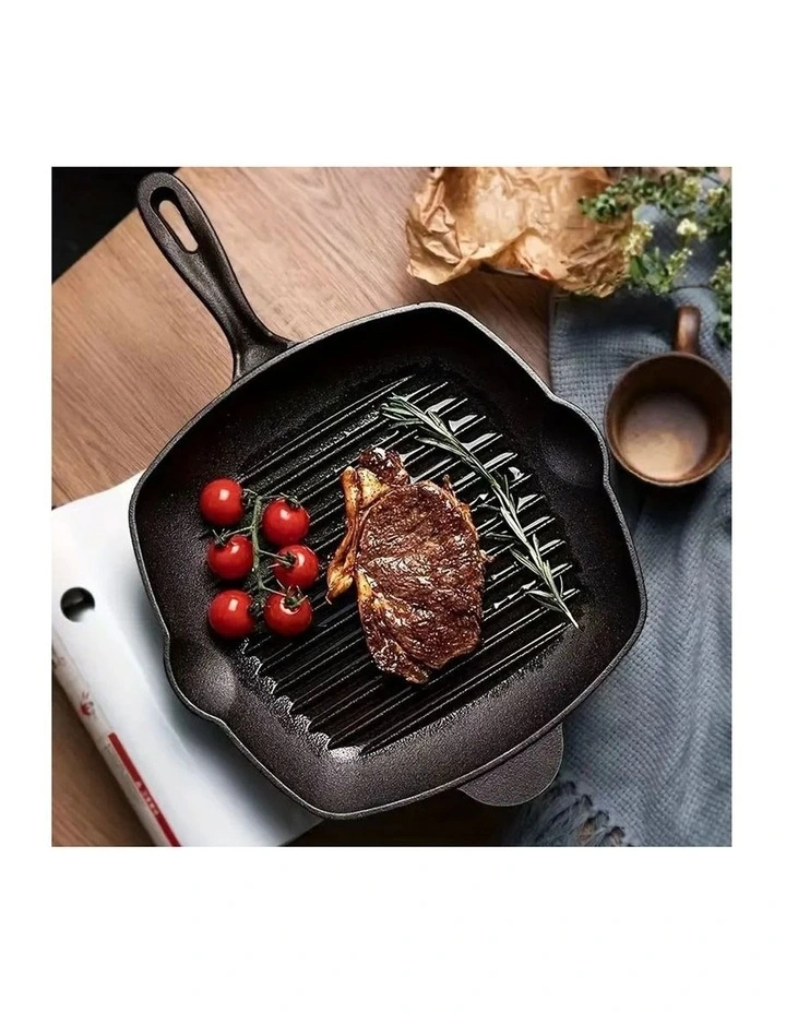 SOGA Square Ribbed Cast Iron Frying Pan Skillet 26cm image 3