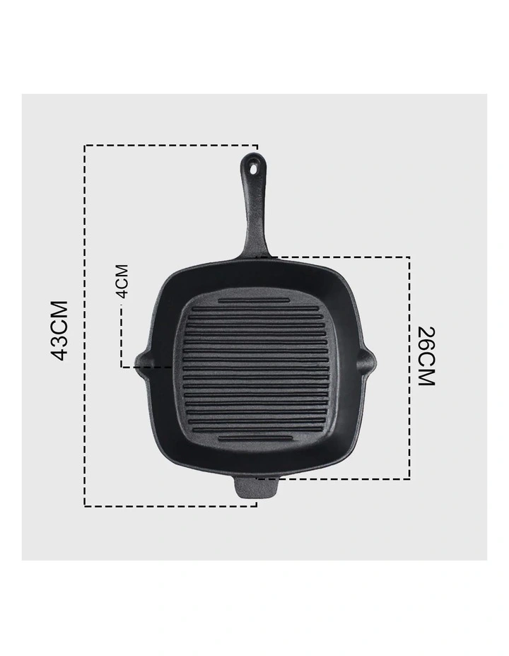 SOGA Square Ribbed Cast Iron Frying Pan Skillet 26cm image 5
