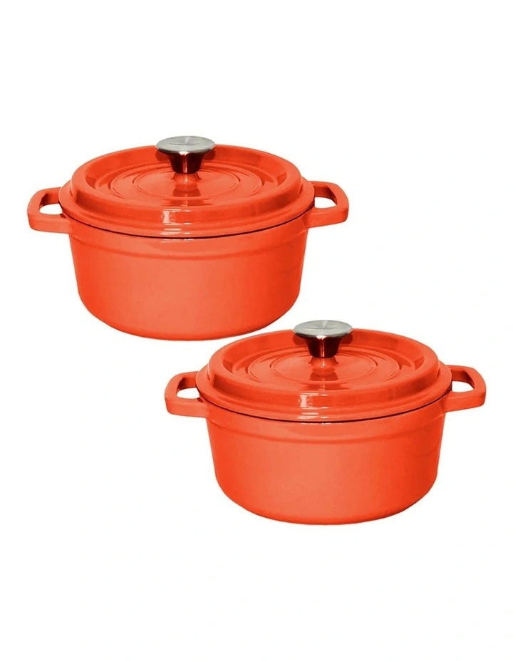 SOGA 2X 24cm Enamel Cast Iron Casserole Pot with Lid Orange image 1