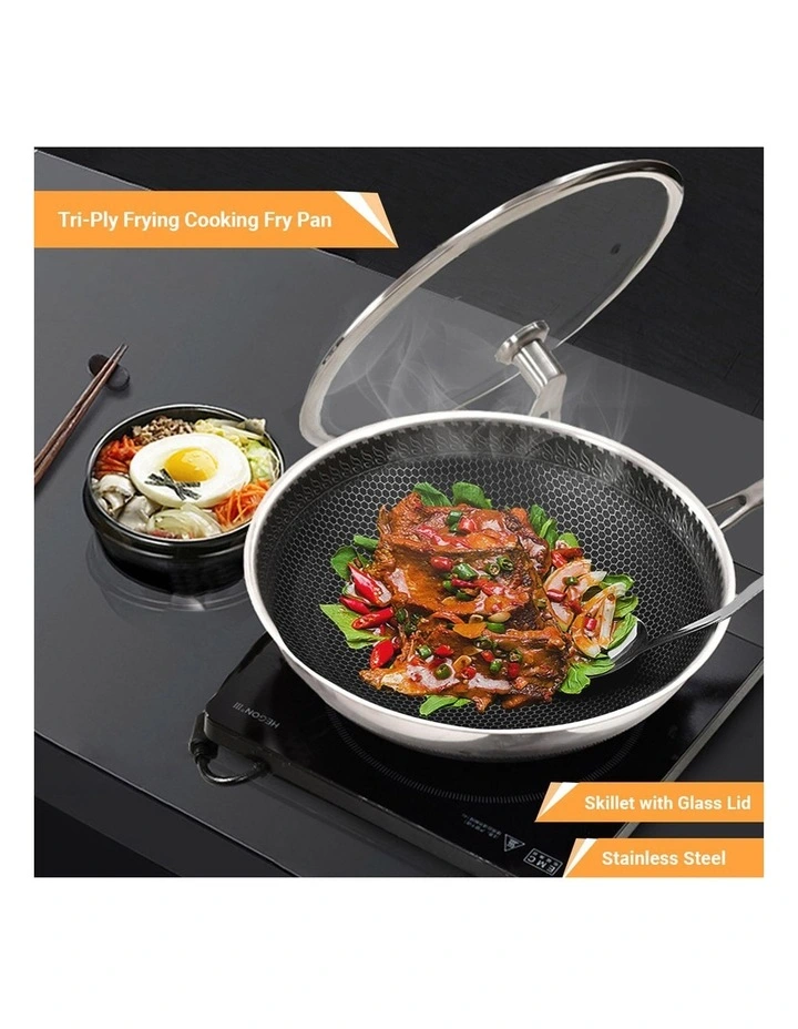 SOGA 32cm Tri-Ply Stainless Steel Nonstick Fry Pan w/ Glass Lid image 3