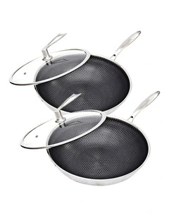 SOGA 2X 32cm Tri-Ply Stainless Steel Nonstick Fry Pan w/ Glass Lid