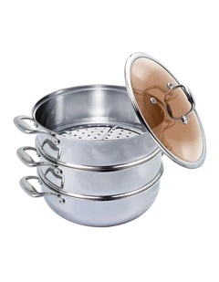 SOGA 3 Tier 28cm Stainless Steel Food Steamer Pot Set Glass Lid