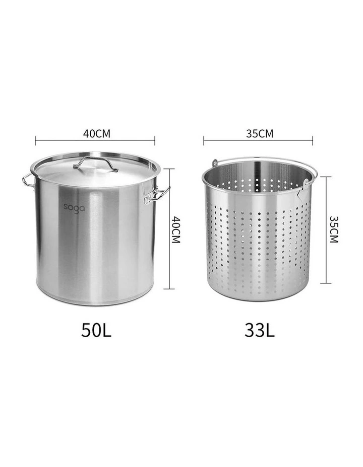SOGA 18/10 Stainless Steel 50L Stock Pot with 33L Perforated Basket image 2