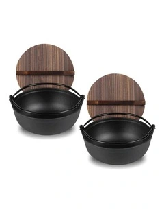 SOGA 2X 25cm Cast Iron Japanese Sukiyaki Shabu Hot Pot with Wooden Lid