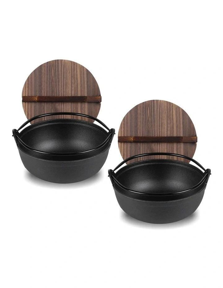 SOGA 2X 25cm Cast Iron Japanese Sukiyaki Shabu Hot Pot with Wooden Lid image 1
