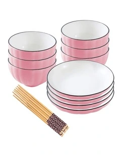 SOGA 10pc Pink Japanese Ceramic Dinnerware Plate Bowl Set Crockery