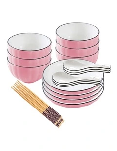 SOGA 10pc Pink Japanese Ceramic Dinnerware Plate Bowl Set Crockery