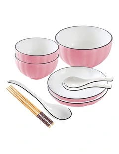 SOGA 5pc Pink Japanese Ceramic Dinnerware Plate Bowl Set Crockery