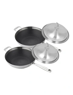 SOGA 2X 18/10 Stainless Steel 30cm Fry Pan Non-Stick Skillet with Lid