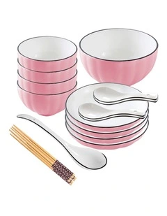 SOGA 9pc Pink Japanese Ceramic Dinnerware Plate Bowl Set Crockery